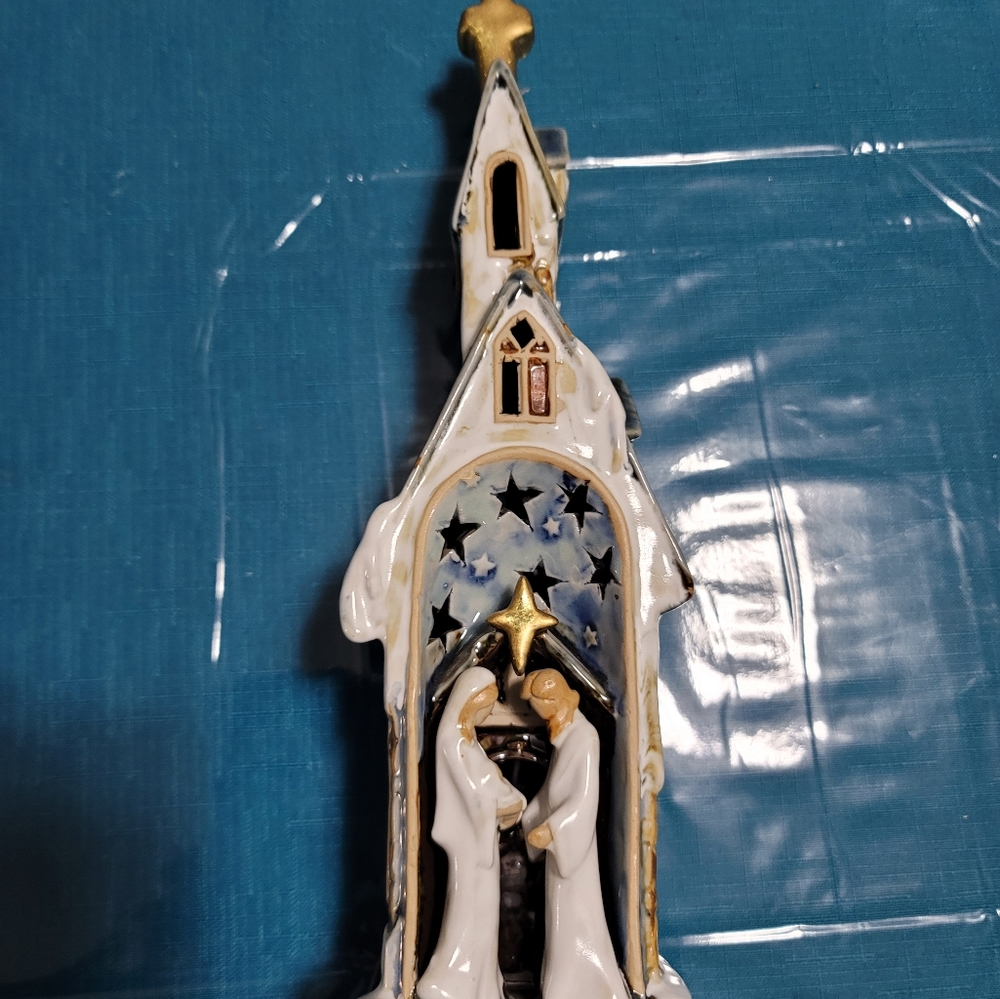 Ceramic Nativity with Holy Family in front of Elongated church